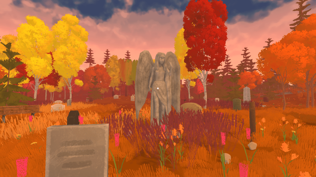 An in-game 3d cemetery in autumn.