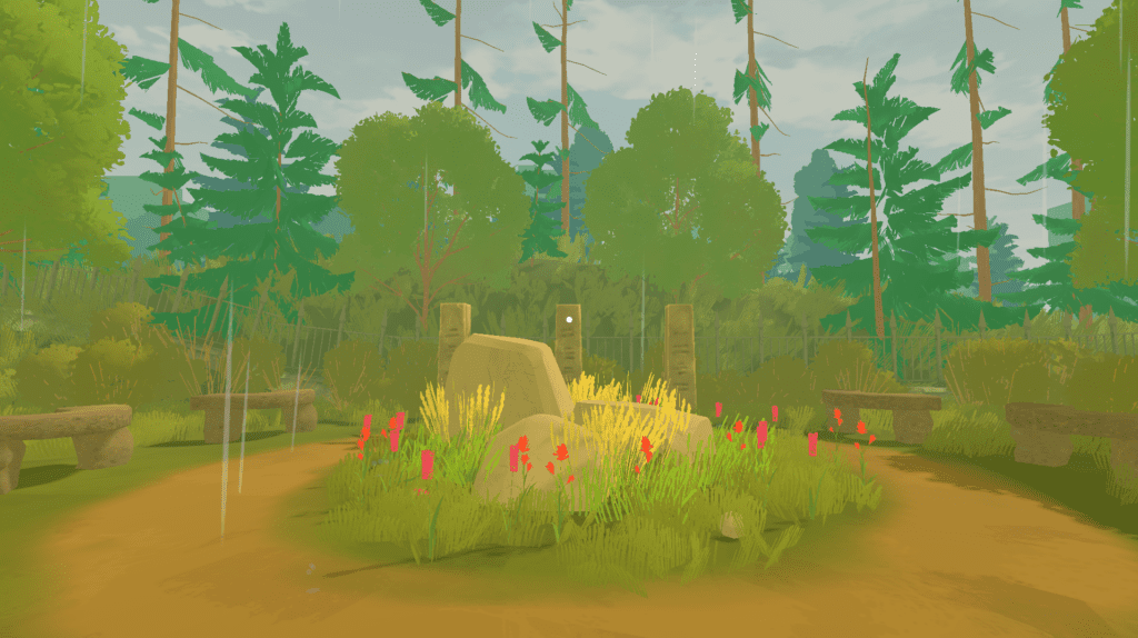 An in-game 3d cemetery. It's green, with trees, grass, a rock and flowers, but the sky is overcast.