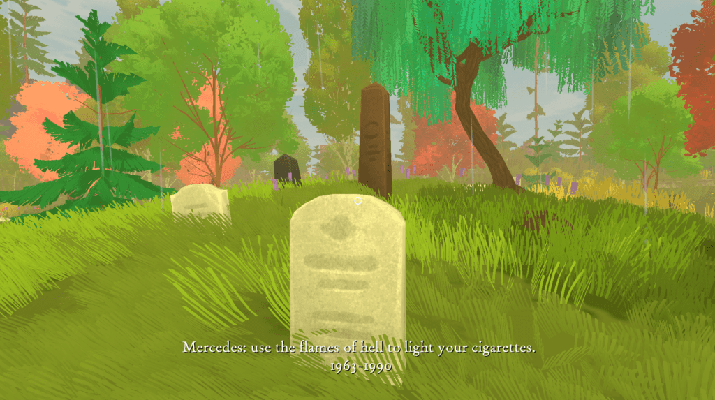A grave that reads "Mercedes: use the flames of hell to light your cigarettes. 1963 - 1998."