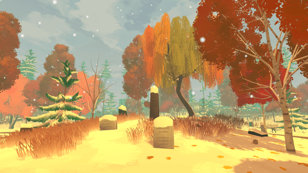An in-game 3d cemetery in winter.