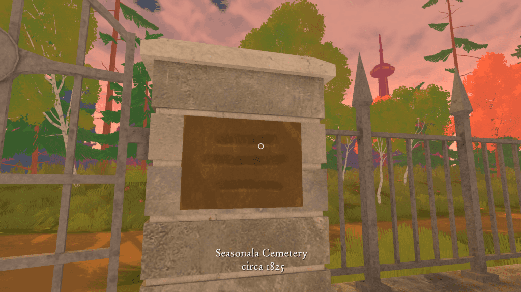 The sign to Seasonala Cemetery. There is a woods behind it. It is on a pillar connected to a grey barred fence. It reads "Seasonala Cemetery, circa 1825."
