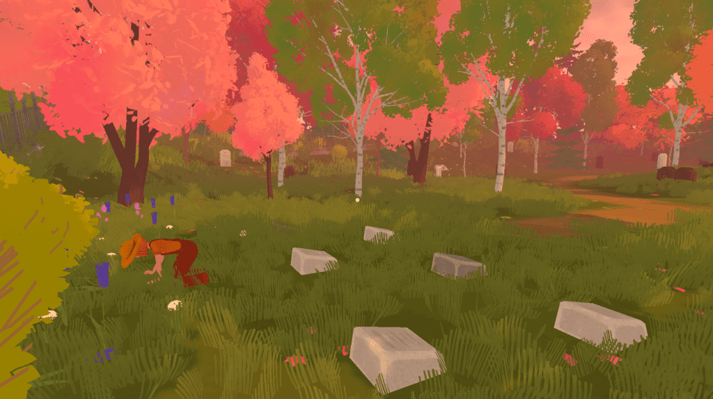 An in-game 3d cemetery in spring. The trees have pink leaves, save for some which are green. There are graves on the ground, and a person kneeling. They are looking in the grass.