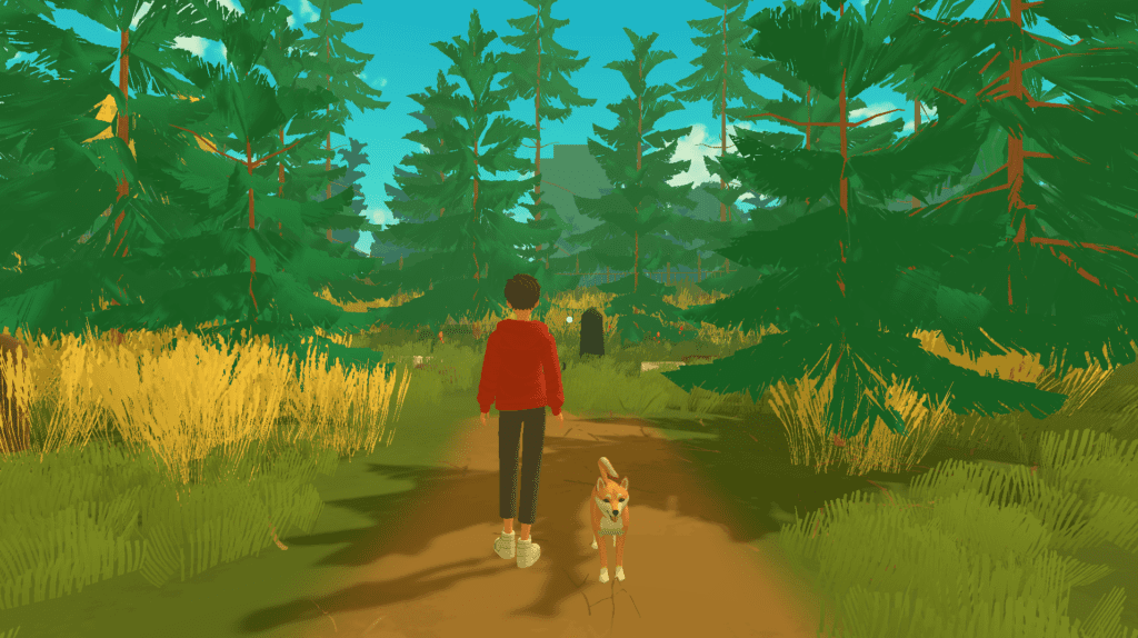 A man walking his dog in the cemetery. He's on a dirt path, and there are lots of trees surrounding him. The dog is orange and white. There is a grave in front of him.