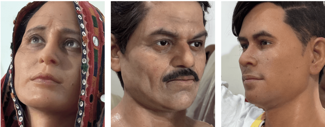 Three close-up images of hyper-realistic silicone heads made by Subi Creative House, showing detailed skin texture, hair, eyes and facial expressions.