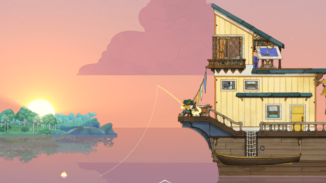 The Spiritfarer Stella sits on the edge of her boat and fishes with a fishing rod. The sun is setting.