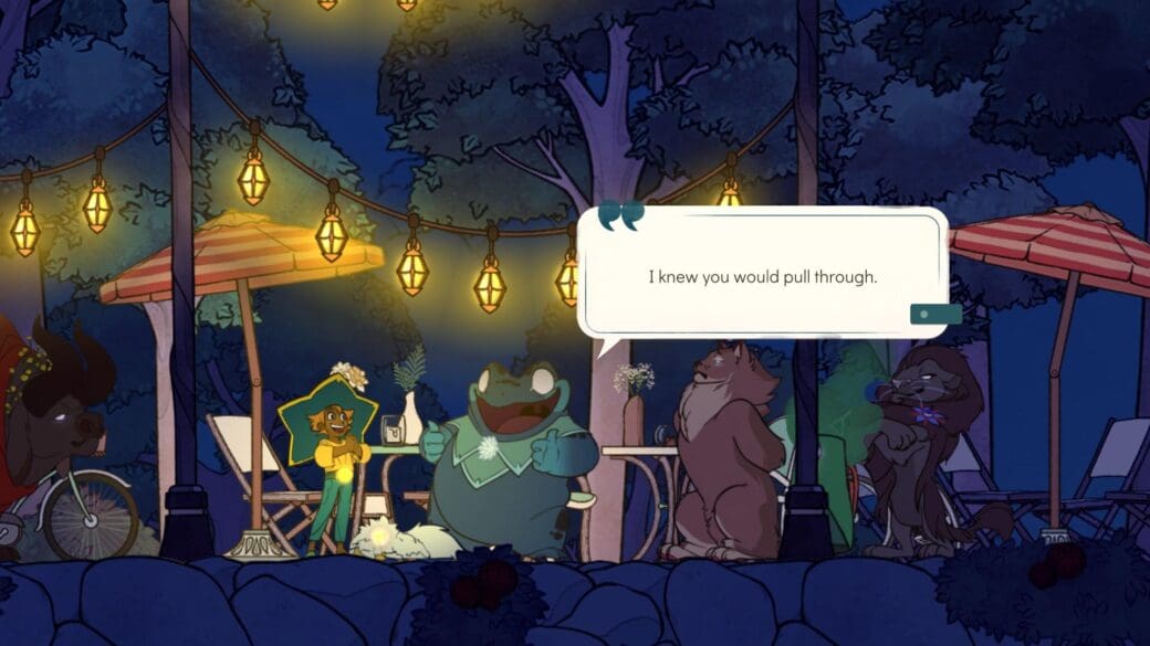 Stella the Spiritfarer talks to a frog-like spirit. The spirit's dialogue reads "I knew you would pull through."