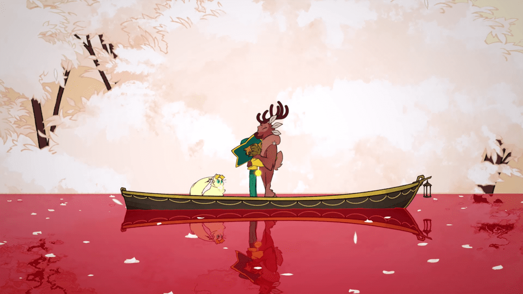 The Spiritfarer, Stella, hugging the deer spirit Gwen on a canoe. They are on red water, with white-petal trees in the background.