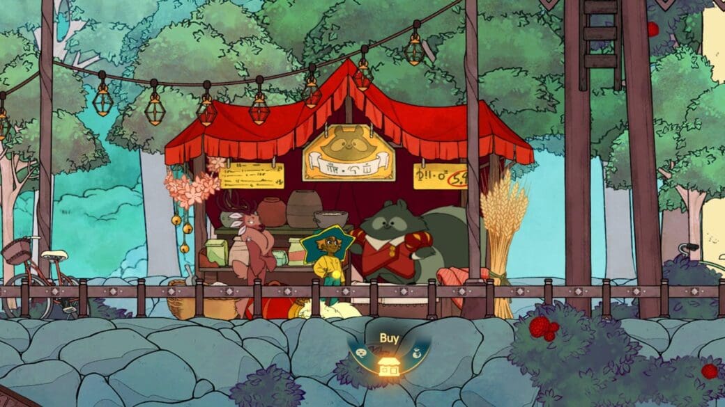 Stella stands in front of a stall with a red roof and a bear-like spirit.