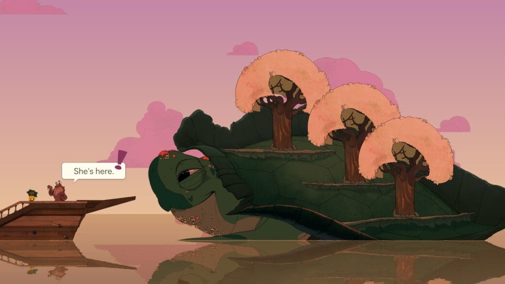 There's a giant tortoise-like creature with blossom trees on its back. It approaches the Spiritfarer Stella's ship, where she and  another spirit stand. The spirit says "she's here."