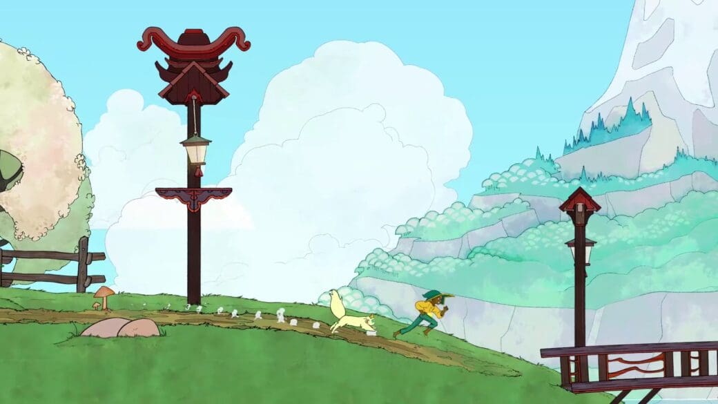 The Spiritfarer, Stella, running across a green hill towards a bridge. The sky is blue, and their appears to be an island in the distance.
