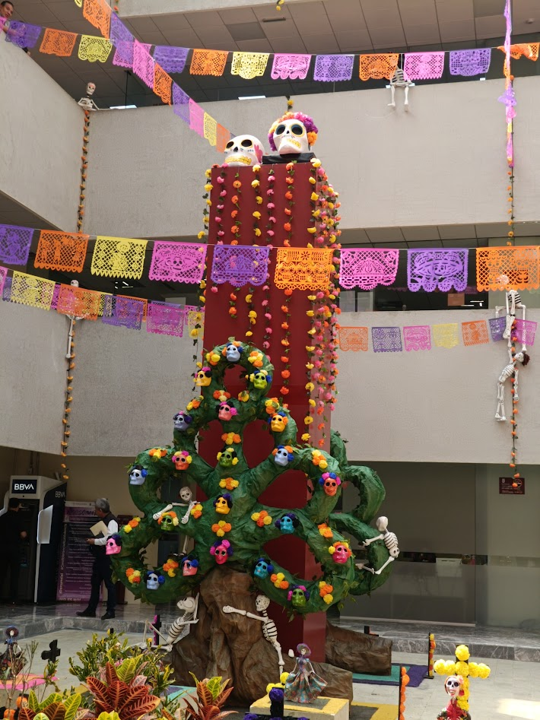 A Day of the Dead altar with skulls, cut paper (called papel picado) hanging from the walls, and other colourful ornaments.