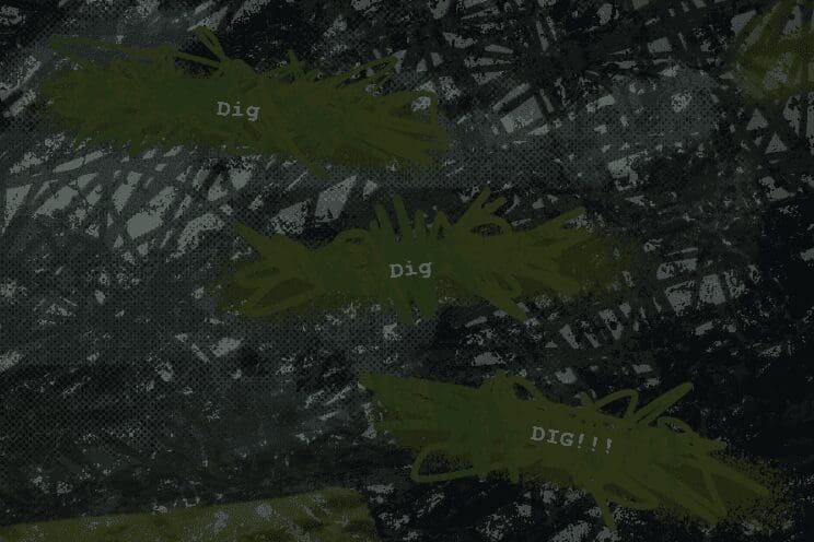 An in-game screenshot from the visual novel The Gardener. The background is scribbled out, and there are three options in dark green text boxes. One reads "dig," one reads "dig," and one reads "dig" in full capitals.