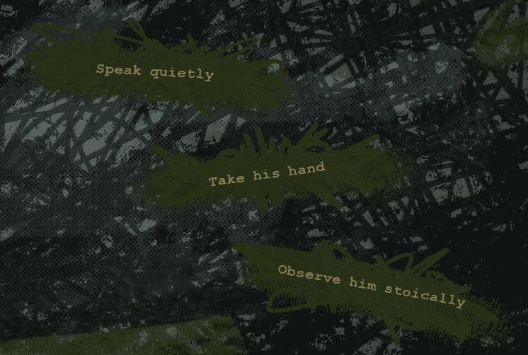 An in-game screenshot from the visual novel The Gardener. The background is scribbled out, and there are three options in dark green text boxes. One reads "speak quietly," one reads "take his hand," and one reads "observe him stoically."