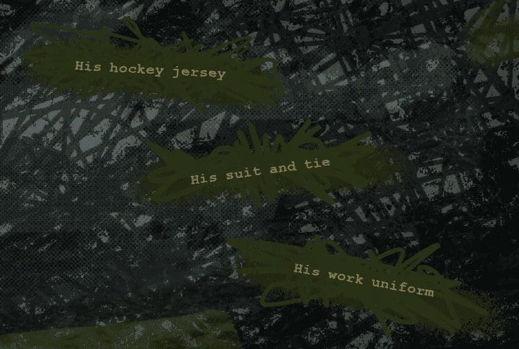 An in-game screenshot from the visual novel The Gardener. The background is scribbled out, and there are three options in dark green text boxes. One reads "his hockey jersey," one reads "his suit and tie," and one reads "his work uniform."