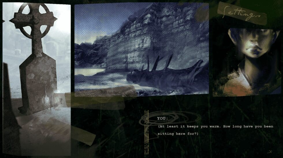 An in-game screenshot from the visual novel The Gardener. The text box reads "(At least it keeps you warm. How long have you been here for?)" under the name "You." On one side is the image of a grave, and on the other side is an image of the character, with short hair, hidden eyes, a frowning expression and red / rust-coloured. In the centre there is the cold-hued image of a log, passing water, the blue sky and a cliff.