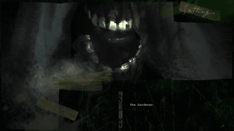 An in-game screenshot from the visual novel The Gardener. The screen is dark, save for teeth emerging from the darkness. The text box reads "The Gardener."