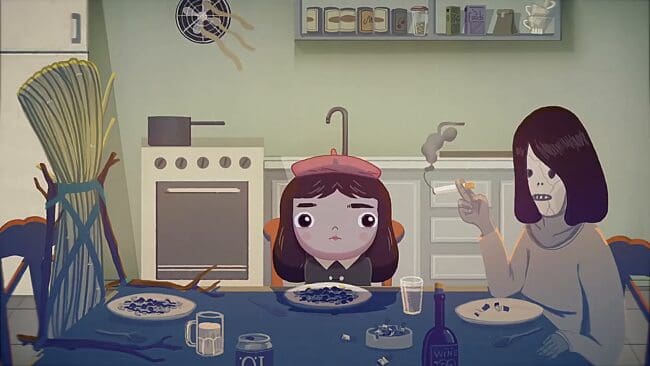 Little Misfortune and her family, depicted around the dinner table. 