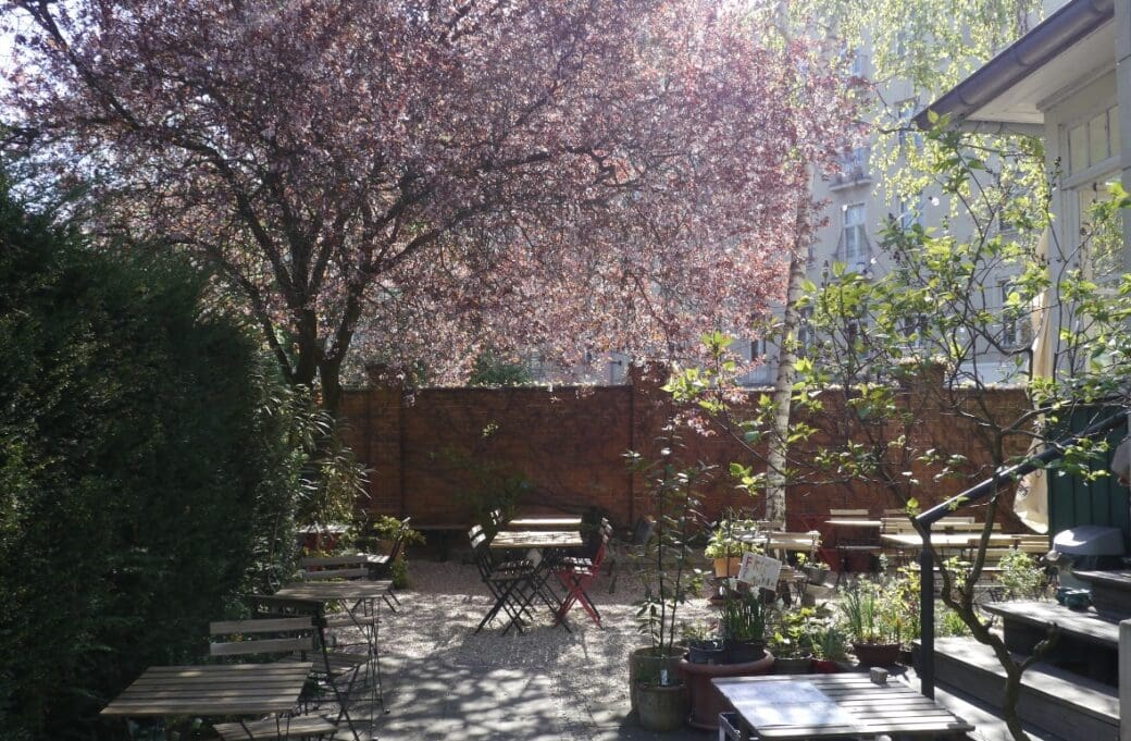 A sunny outdoor café garden with wooden tables and chairs set among trees, potted plants and gravel, beside a brick wall and pale building.
