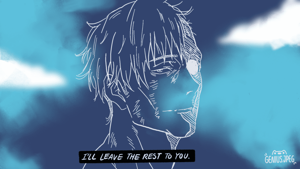 A drawing of Nanami Kento from Jujutsu Kaisen, with a blue sky background.