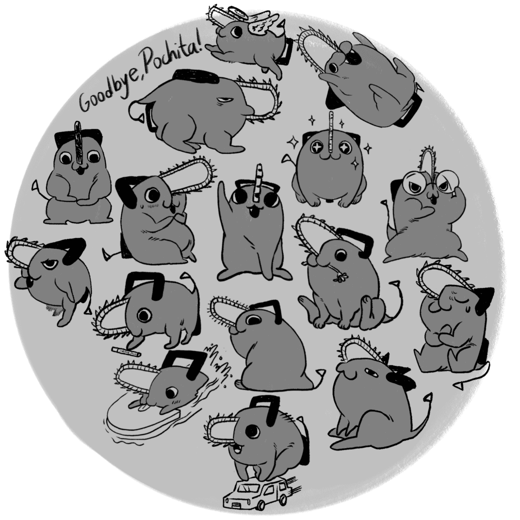 A compilation of drawings of Pochita, the mascot of Chainsaw Man. 