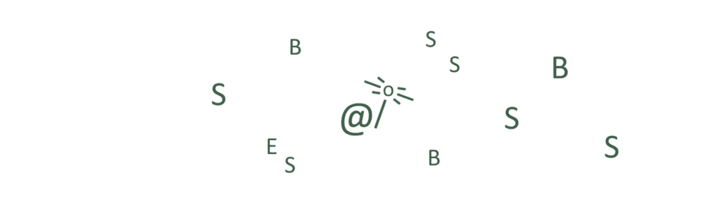 A character represented by the 'at' computer symbol holds a staff constructed of a slash, a circle and several lines. They are fighting different letters that surround them, such as S, E and B.
