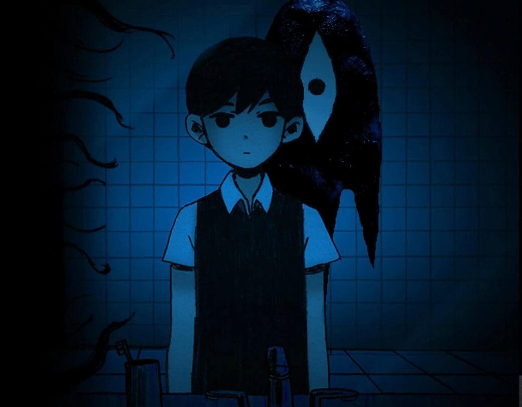 A boy staring in a mirror as a mysterious scary figure with one eye stares at him from behind. 