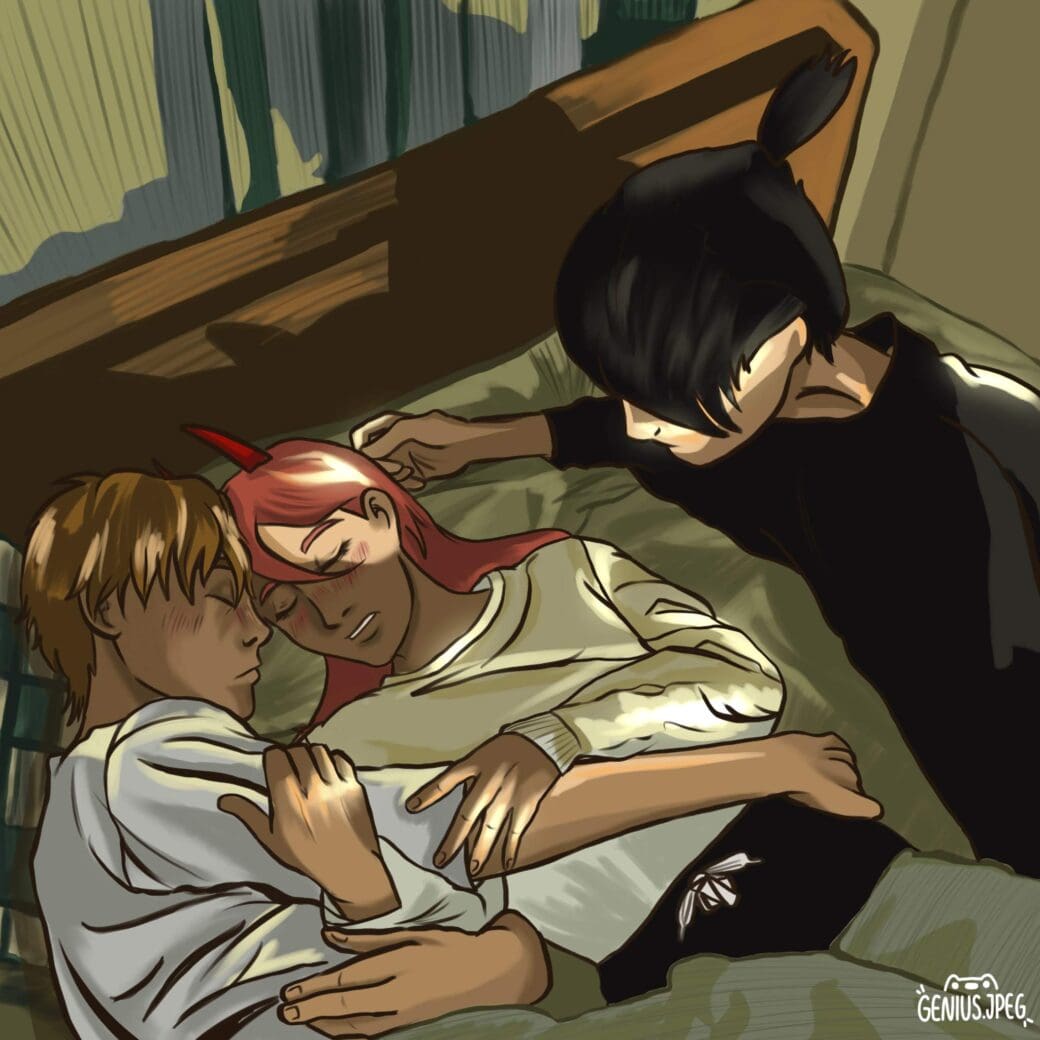 Aki, Power, and Denji in their apartment resting together. 