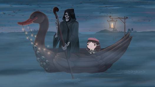 Little Misfortune being taken on a boat journey by a hooded figure. 
