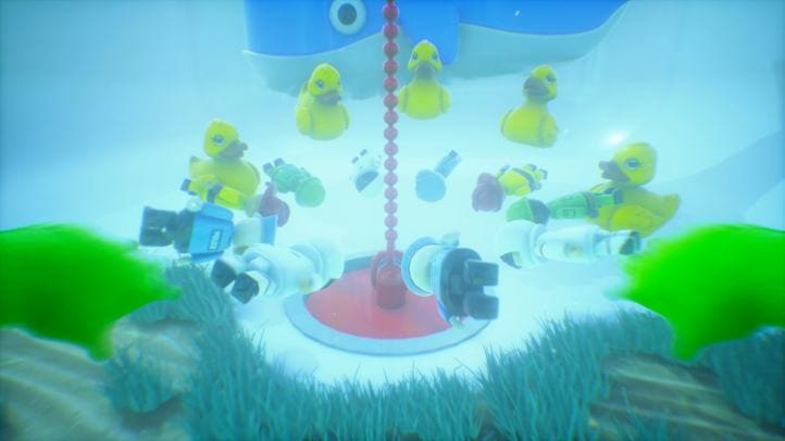 A screenshot from What Remains of Edith Finch. Includes several bath toys crowding around a plug while dancing.