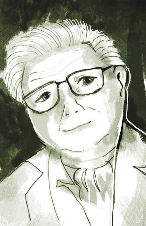 A drawn rendition of Douglas Davies. He is wearing glasses, a suit jacket and a sash tie. He is seventy-nine years old.