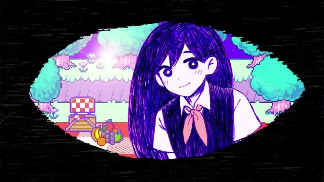 A girl in a colourful scene seen through a barely opened eye. 